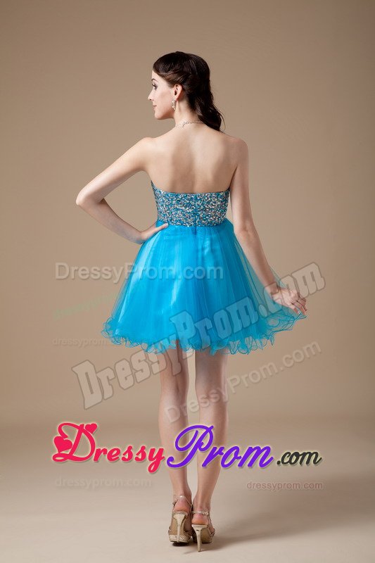 Mini-length Teal A-line Strapless Organza Prom Gown with Beads